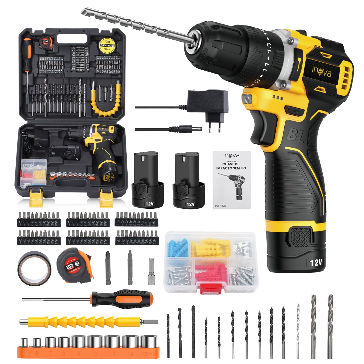 K★★101 togw Parafusadeira e Furadeira à Bateria 12V, Kit Parafusadeira com 2